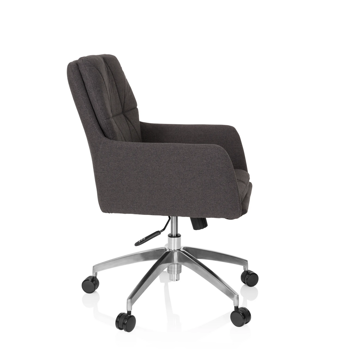 Dark grey Home Office Chair SHAKE 350 with quilted pattern and five-caster base by hjh OFFICE – 360-degree view (side profile 80°)