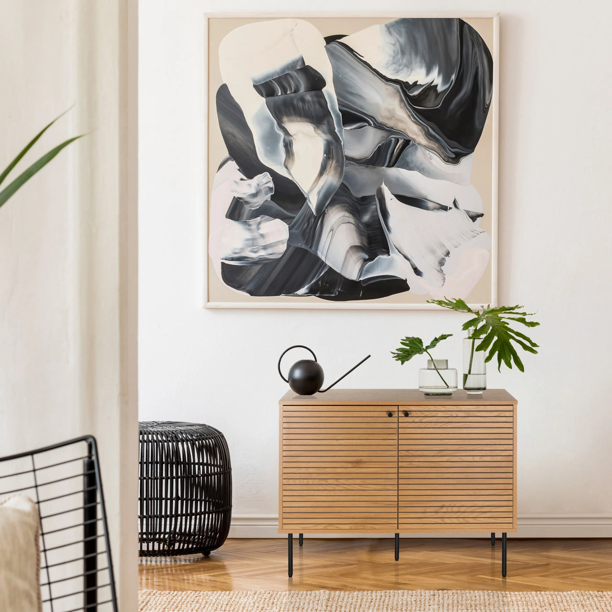 Sideboard LINNO S made of oak with ribbed fronts and black metal legs by hjh LIVING