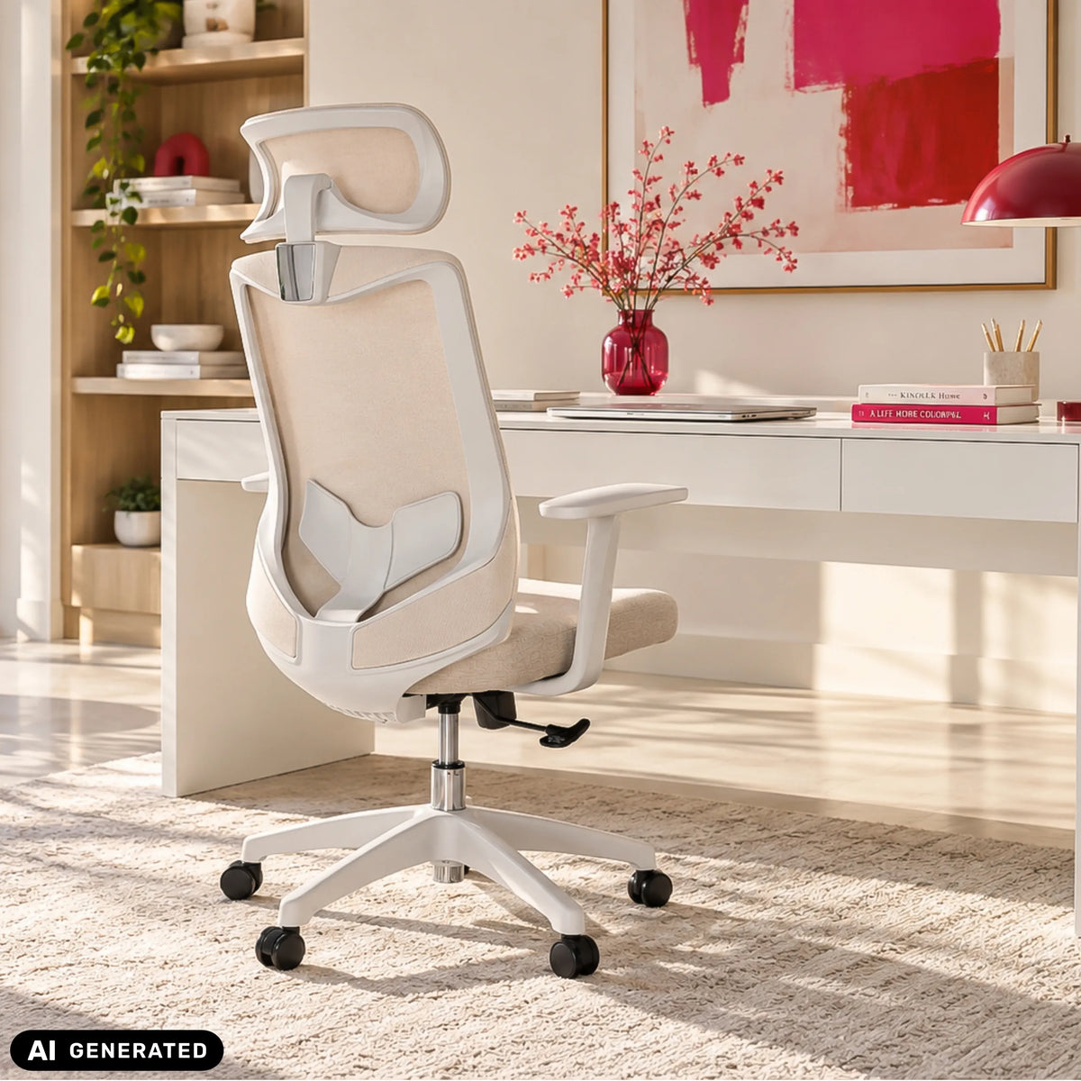 Home Office Chair MIKEO W in beige at a desk in a bright room by hjh OFFICE