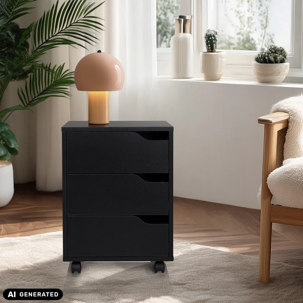Black ORGANISER I mobile drawer unit with three drawers on castors by hjh OFFICE (AI-generated image)