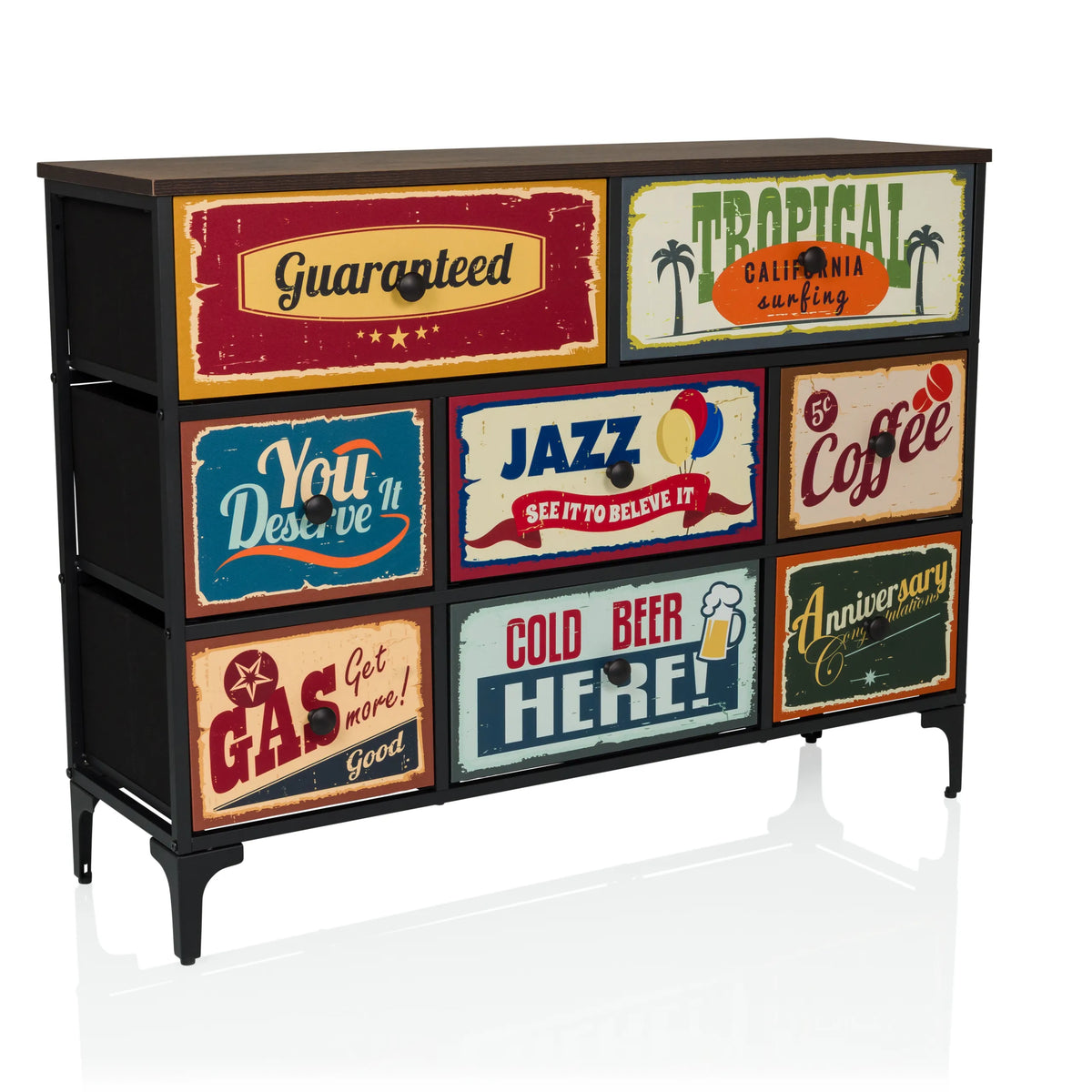Chest of drawers AMERIKO B with six colourful vintage printed drawers and black legs by hjh LIVING – 360-degree view (front three-quarter view 30°)