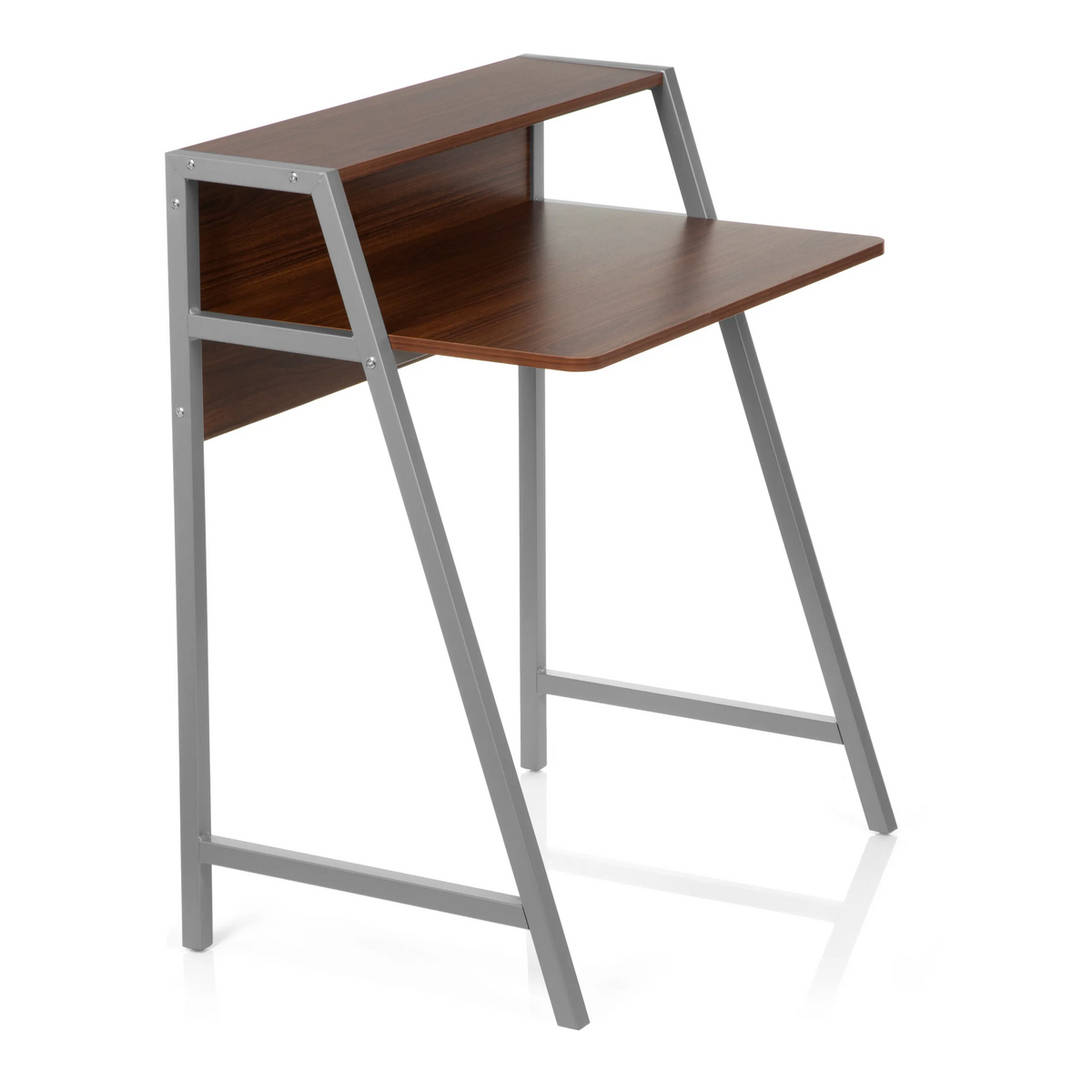Walnut-coloured Office Desk DUMONT with silver-coloured frame and hutch by hjh OFFICE – 360-degree view (front three-quarter view 60°)