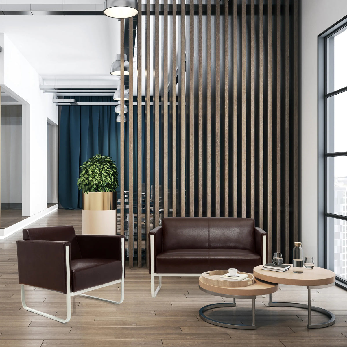 Brown upholstered armchair ARUBA with white metal frame in a modern office environment by hjh OFFICE