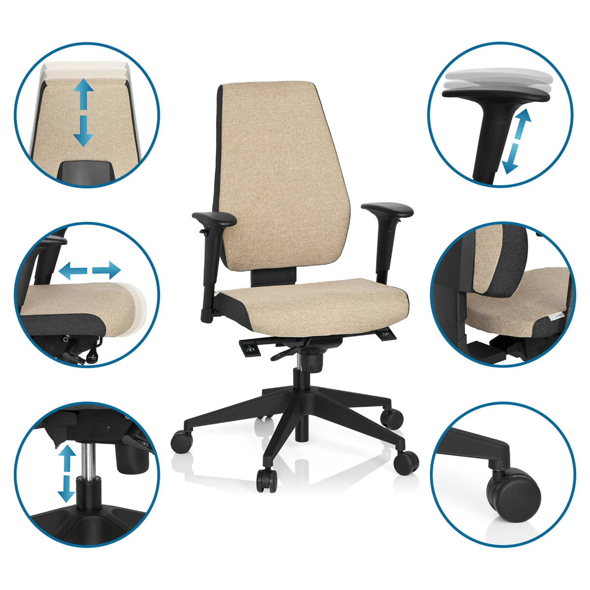 Adjustable features of the Professional Office Chair PRO-TEC 500 in beige with castors and gas lift by hjh OFFICE