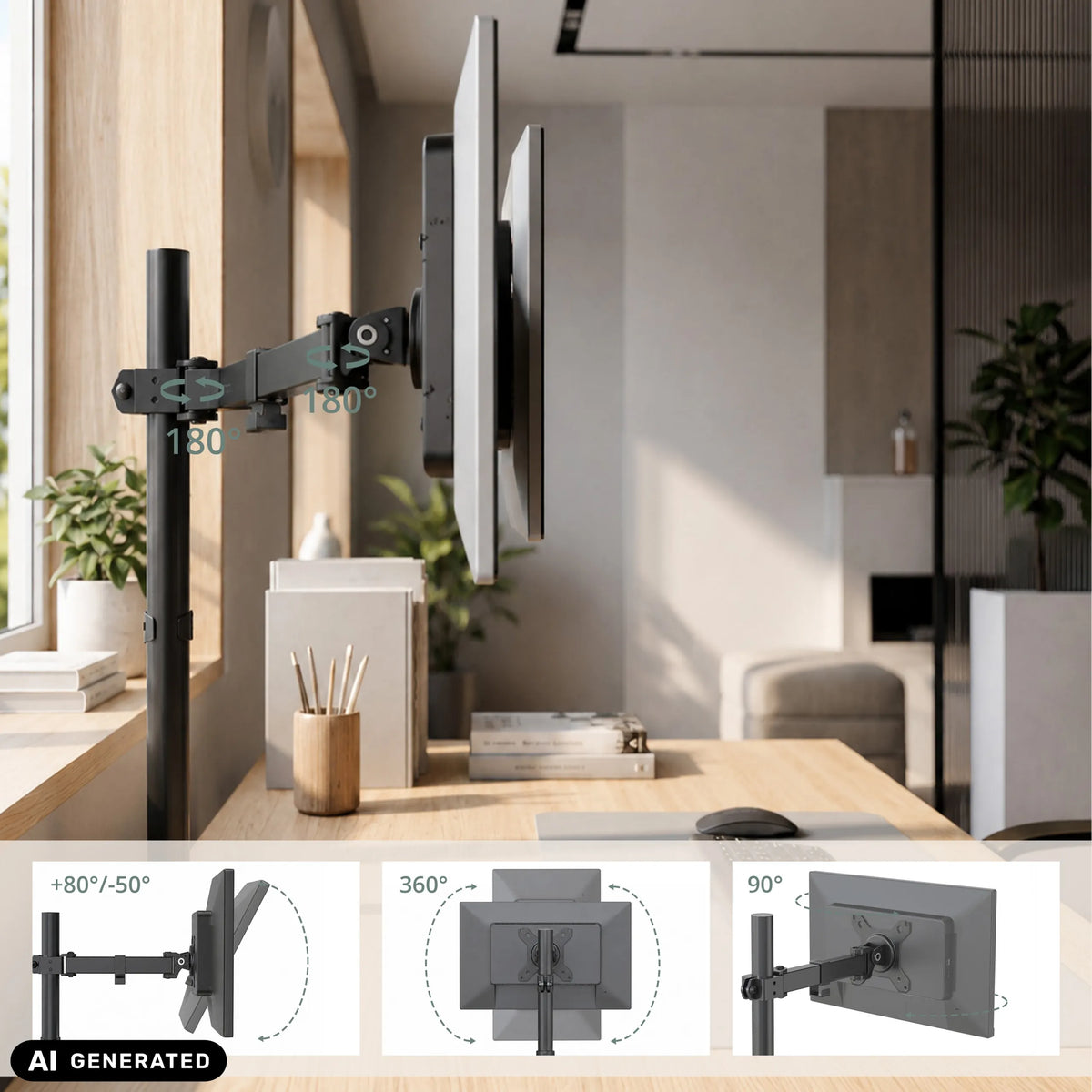 Adjustable joints of the Ergomount M2 monitor mount with swivel angle specifications by hjh OFFICE (AI-generated image)