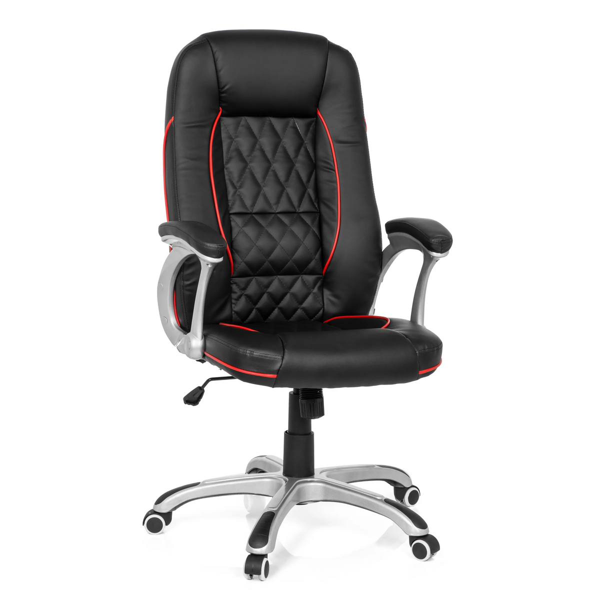 Black Gaming chair RELAX AB100 with red decorative stitching, quilting and five-caster base by MyBuero – 360-degree view (front view 20°)
