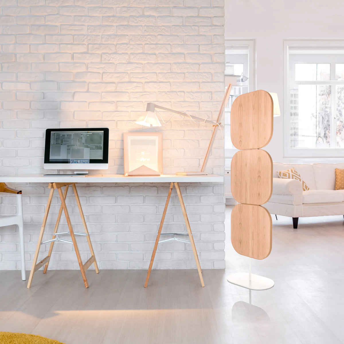 Beige partition wall FLEXMIUT W with three rounded elements on a white base by hjh OFFICE