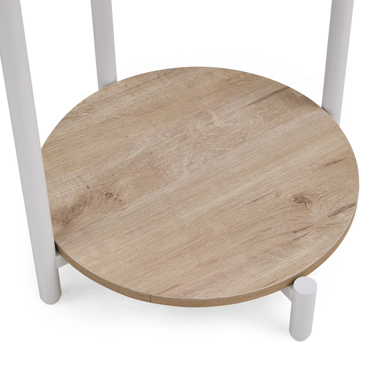 Round oak-effect tabletop of the Nestup 1 side table with white legs by hjh LIVING