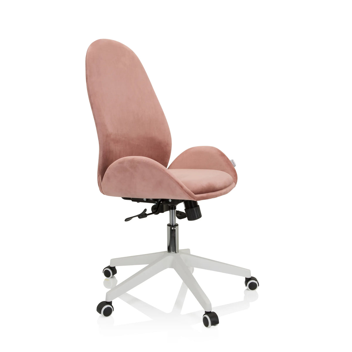 Pink Home Office Chair AVEA with armrests and white five-caster base by hjh OFFICE – 360-degree view (front three-quarter view 60°)