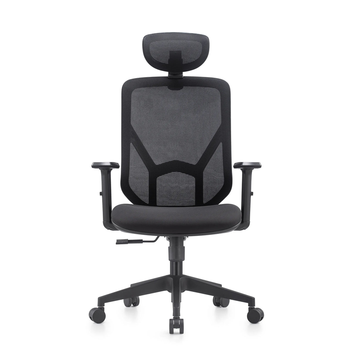 Home Office Chair BLACORE in black with mesh backrest, headrest and adjustable armrests by MyBuero