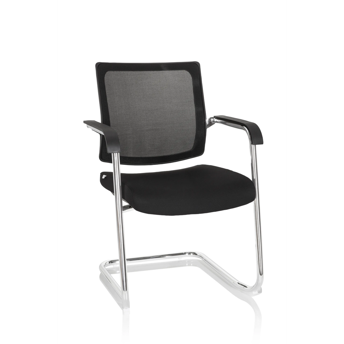 Black Cantilever chair LEVIA V with mesh back, armrests and sled base by hjh OFFICE – 360-degree view (front view 20°)