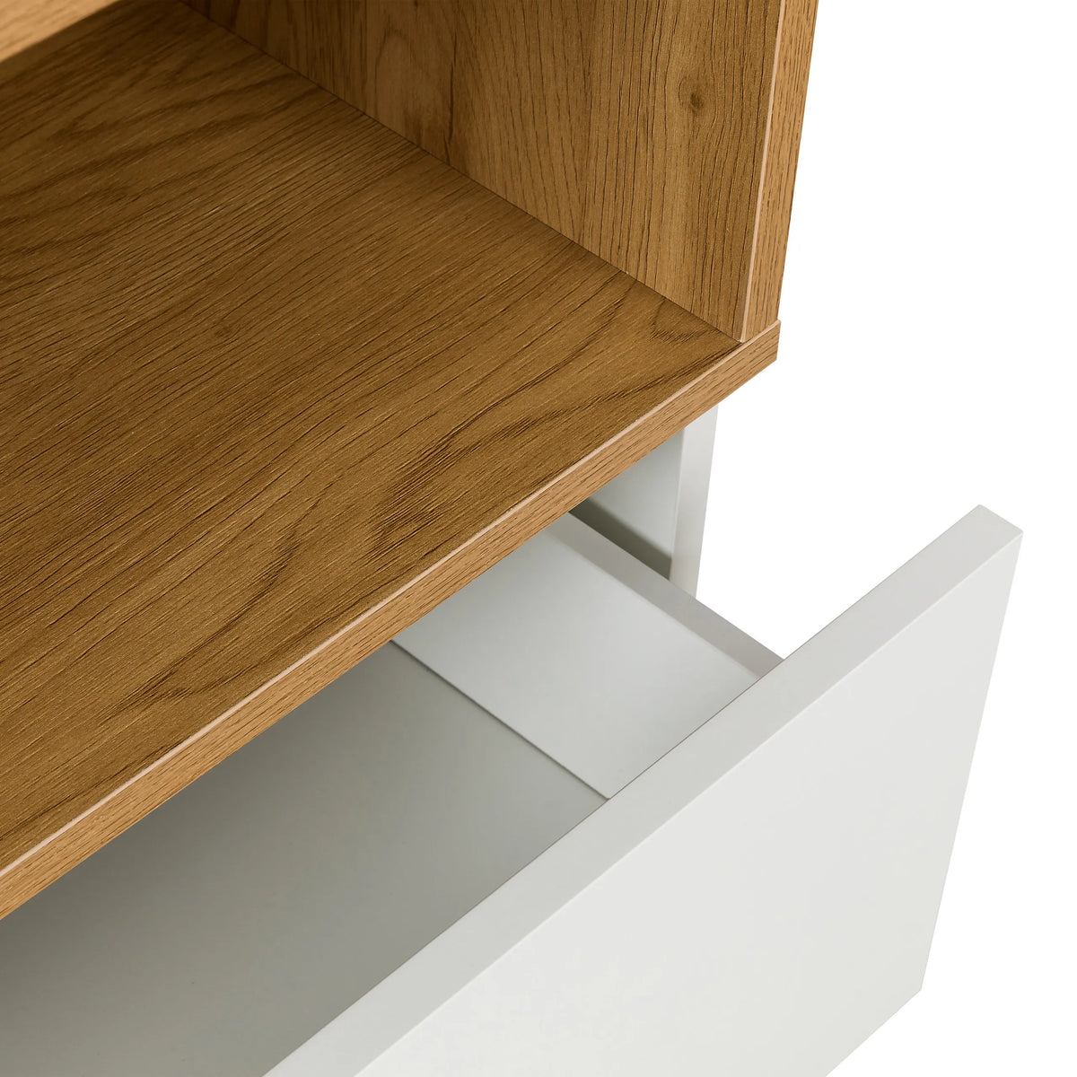 Pulled-out white drawer under an oak-effect shelf of the Chest of drawers MELMO K by hjh LIVING