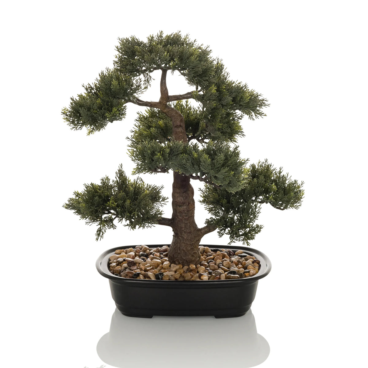 Green Artificial plant BONSAI in the shape of a bonsai in a black pot with pebbles by hjh OFFICE – 360-degree view (side profile 90°)