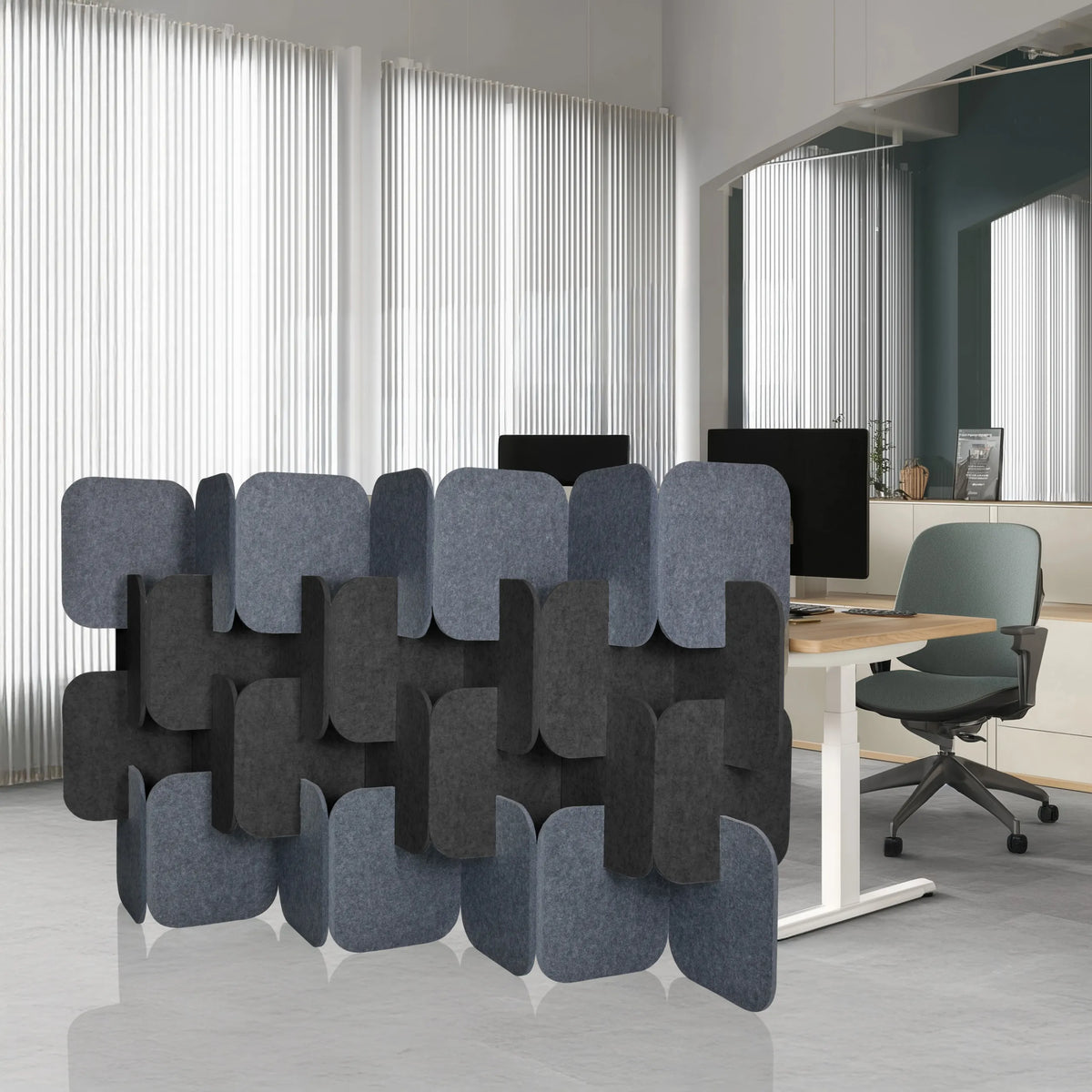 Grey and dark grey partition walls FLEXMIUT PLUG in a modular arrangement by hjh OFFICE