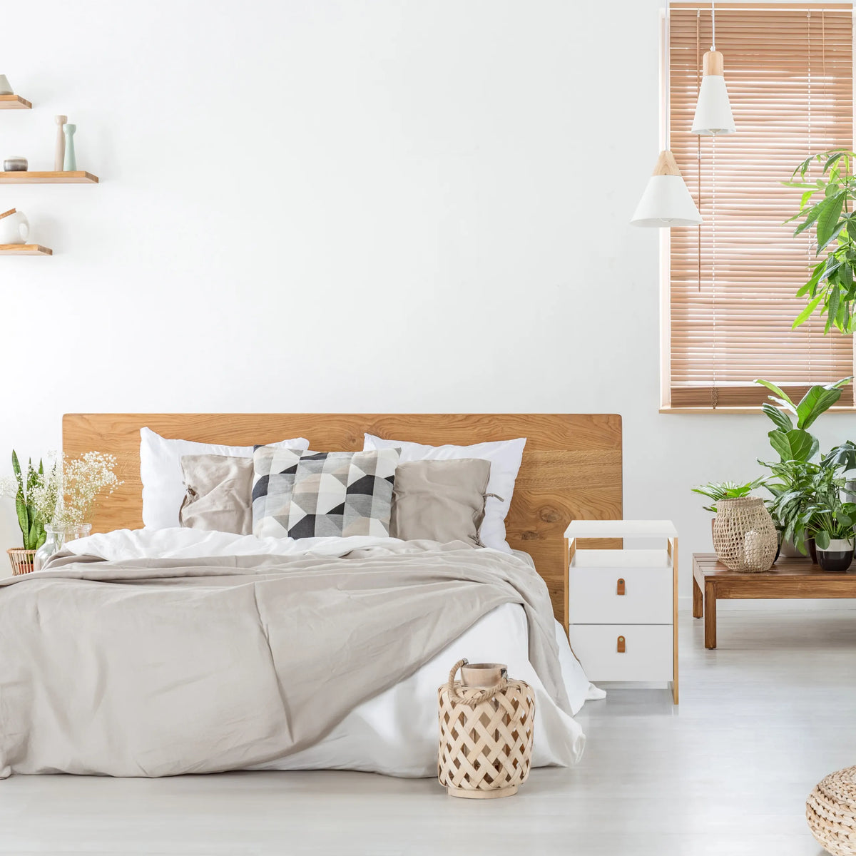 White TAROLO III side table with two drawers next to a bed by hjh LIVING