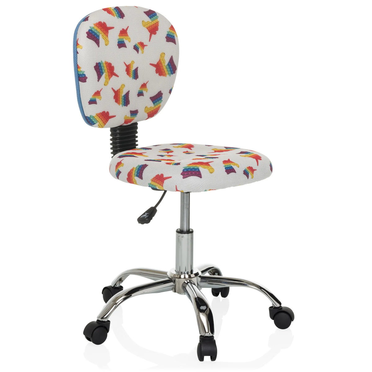 Swivel Chair – Children KID BUBBLE with colourful rainbow motif and five-caster base by hjh OFFICE – 360-degree view (front three-quarter view 45°)