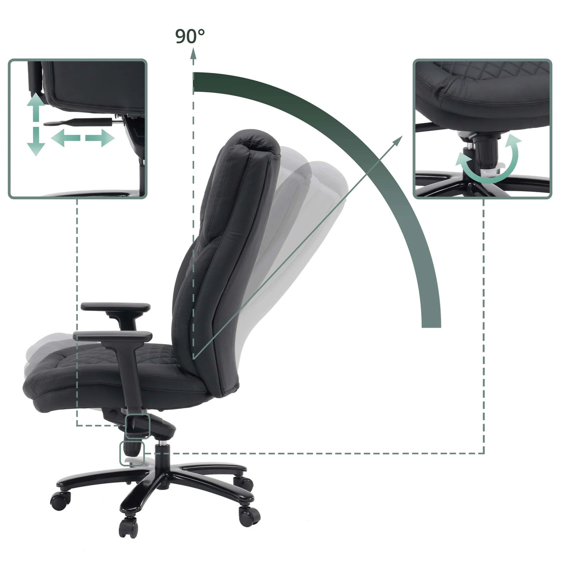 Adjustable backrest up to 90 degrees and armrests of the XXL Pullmann Gen2 swivel chair by hjh OFFICE