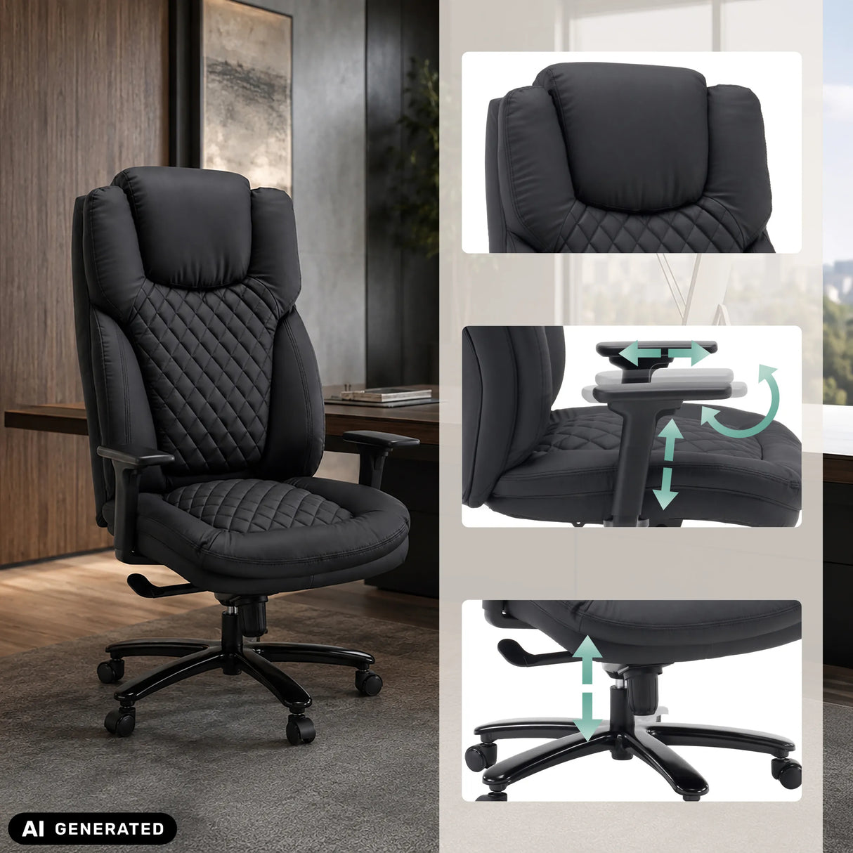 XXL Pullmann Gen2 swivel chair in black faux leather with adjustable armrests and gas lift by hjh OFFICE