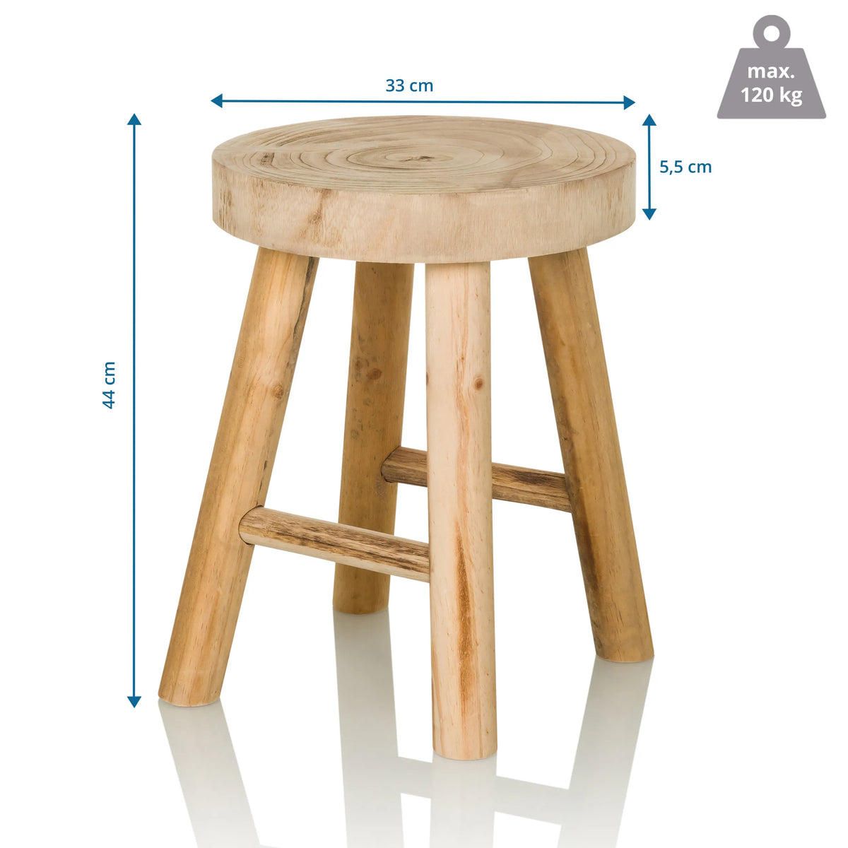 Dimensional drawing of the stool RUSTIKO W with a height of 44 cm and a diameter of 33 cm by hjh LIVING