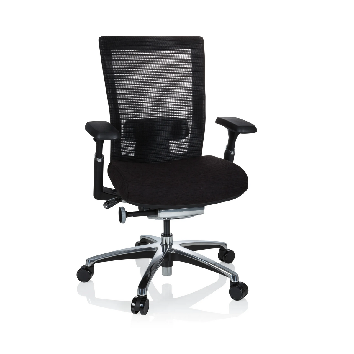 Black High End Office Chair NOVA PRO ALU with mesh back and five-caster base by hjh OFFICE – 360-degree view (front view 20°)