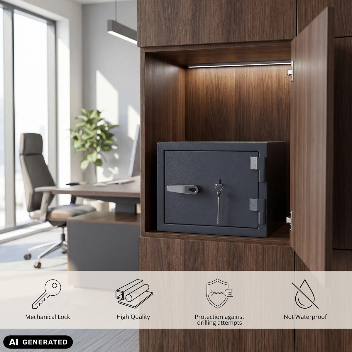 Anthracite Safe Compact Pro safe with mechanical lock in a cupboard by hjh OFFICE (AI-generated image)
