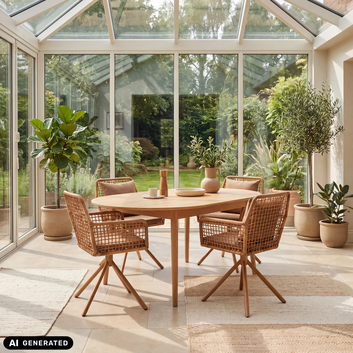 Brown Tavaro Korvik upholstered chairs with wickerwork at an oval wooden table by hjh LIVING (AI-generated image)