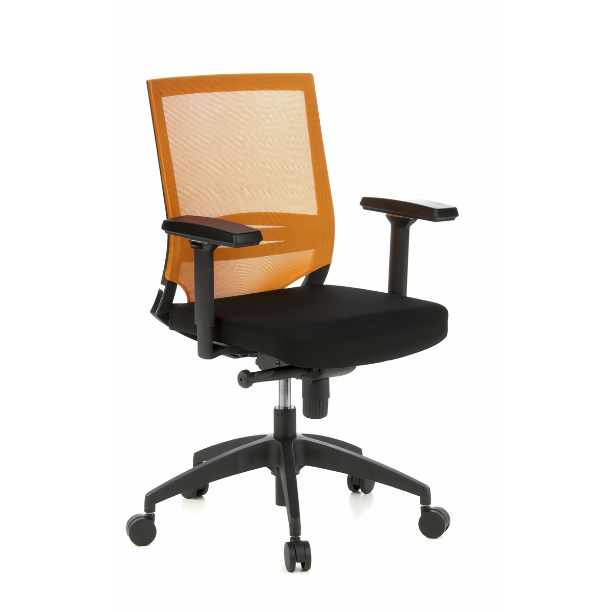 Black and orange Professional Office Chair PORTO BASE with mesh back and five-caster base by hjh OFFICE – 360-degree view (front three-quarter view 40°)