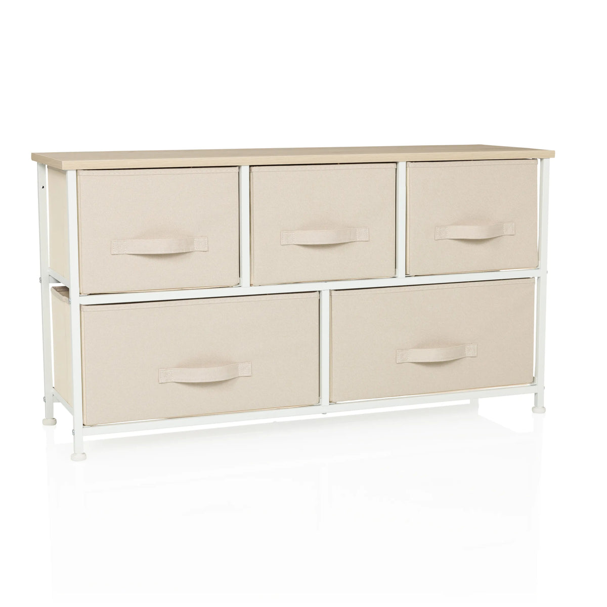 Beige Chest of drawers FOLDAR with five fabric drawers and white frame by hjh LIVING – 360-degree view (front view 15°)