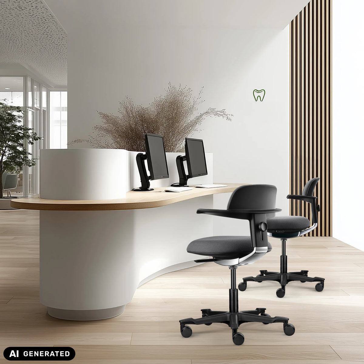 Two dark grey WORK 40 work chairs at a curved reception desk by hjh OFFICE (AI-generated image)