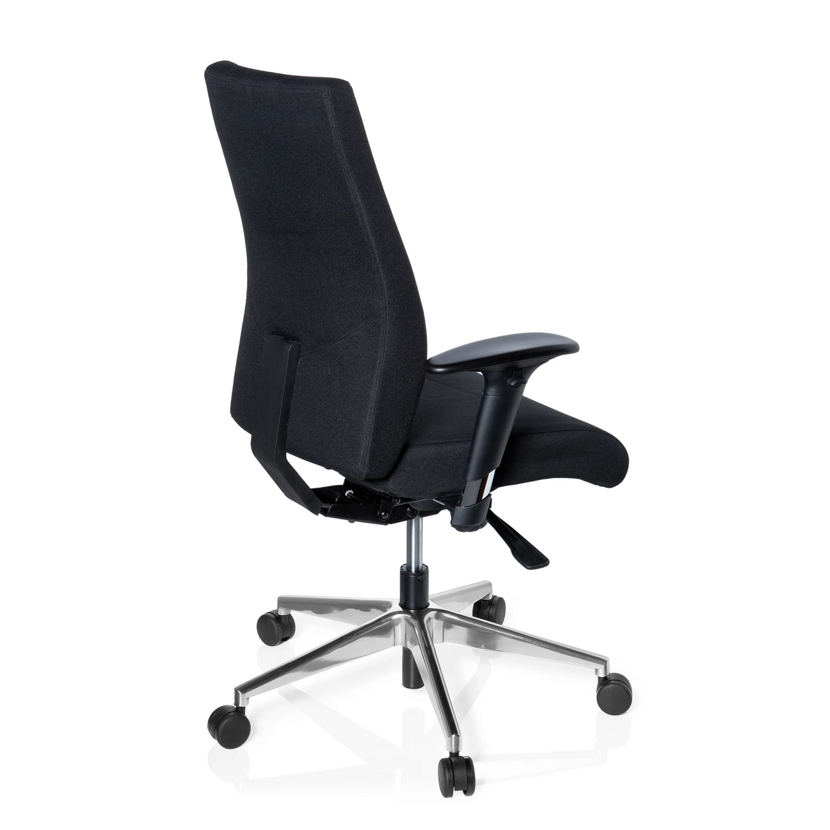 Black Professional Office Chair PRO-TEC 250 with armrests and five-caster base by hjh OFFICE – 360-degree view (rear three-quarter view 120°)