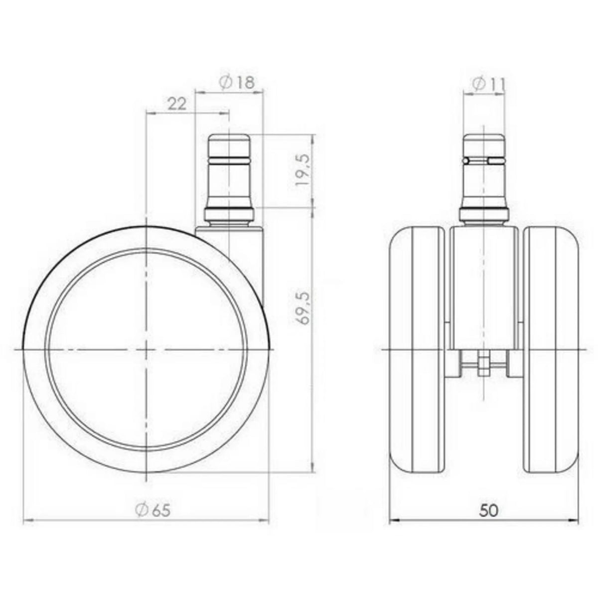 Technical drawing of the 65 mm diameter Castors 5x ROLO 11mm/65mm by hjh OFFICE