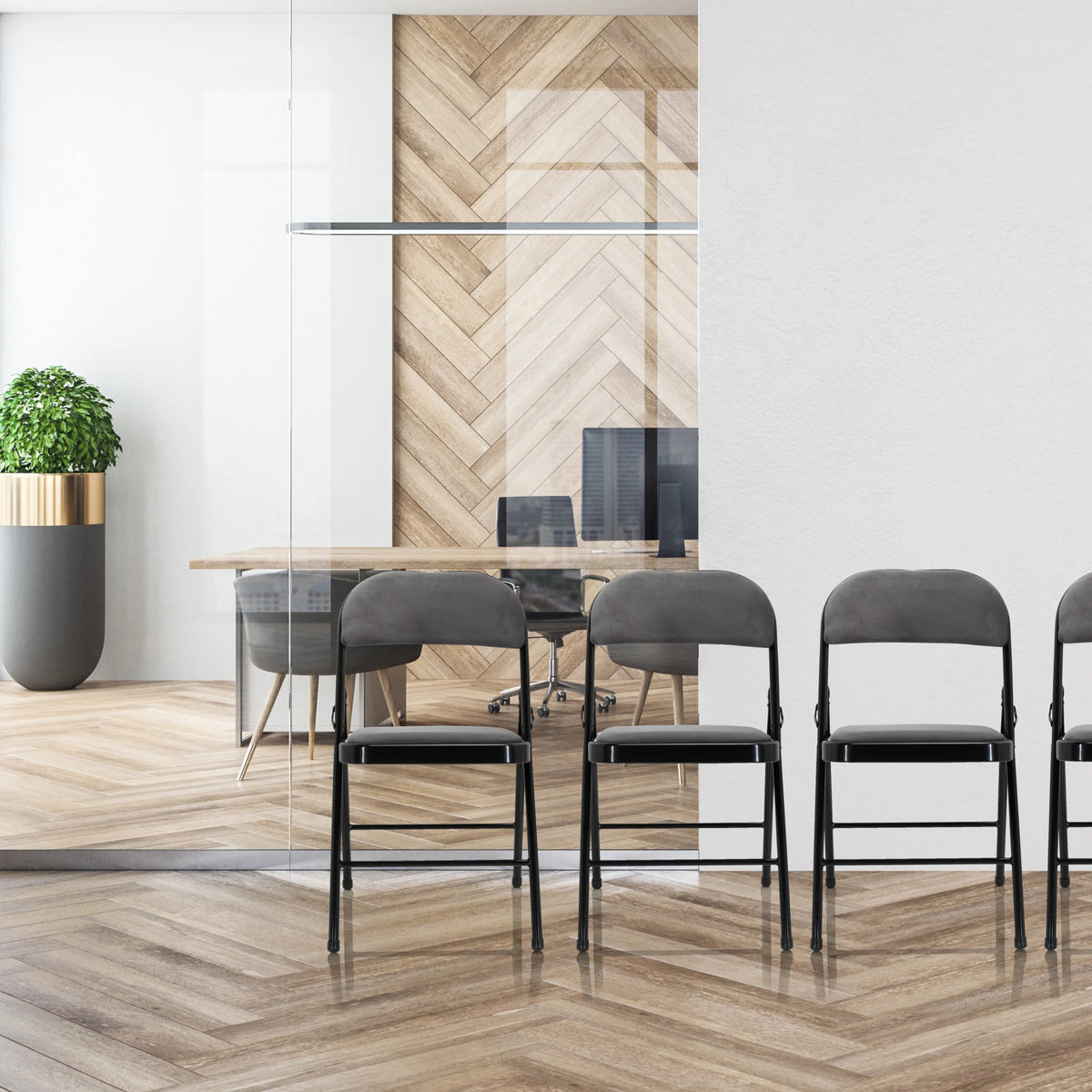 Dark grey TUDELA I folding chairs with velvet fabric upholstery and black frame by hjh OFFICE