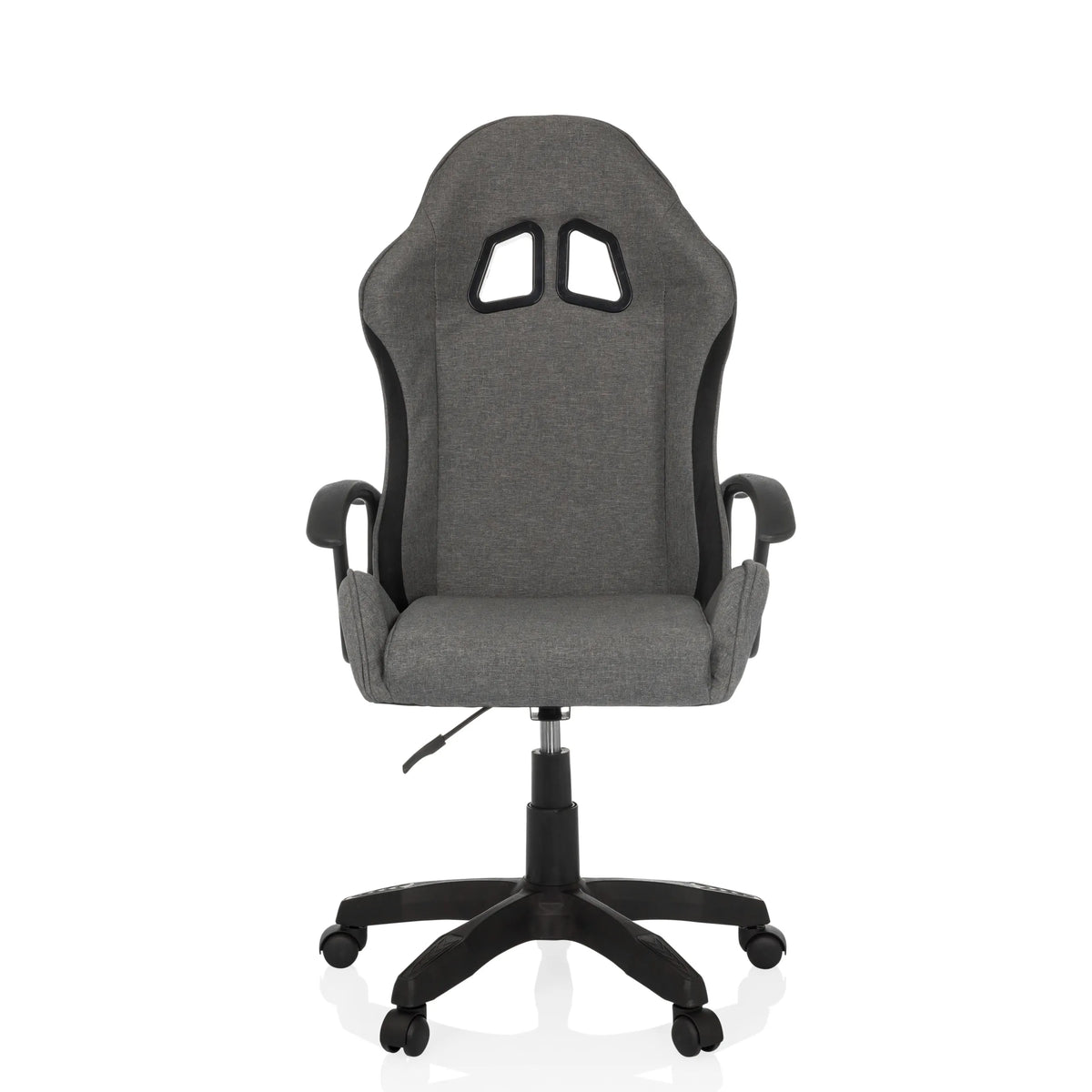 Grey Gaming chair GAMEBREAKER W01 with two headrest cut-outs and five-caster base by MyBuero – 360-degree view (front view 0°)