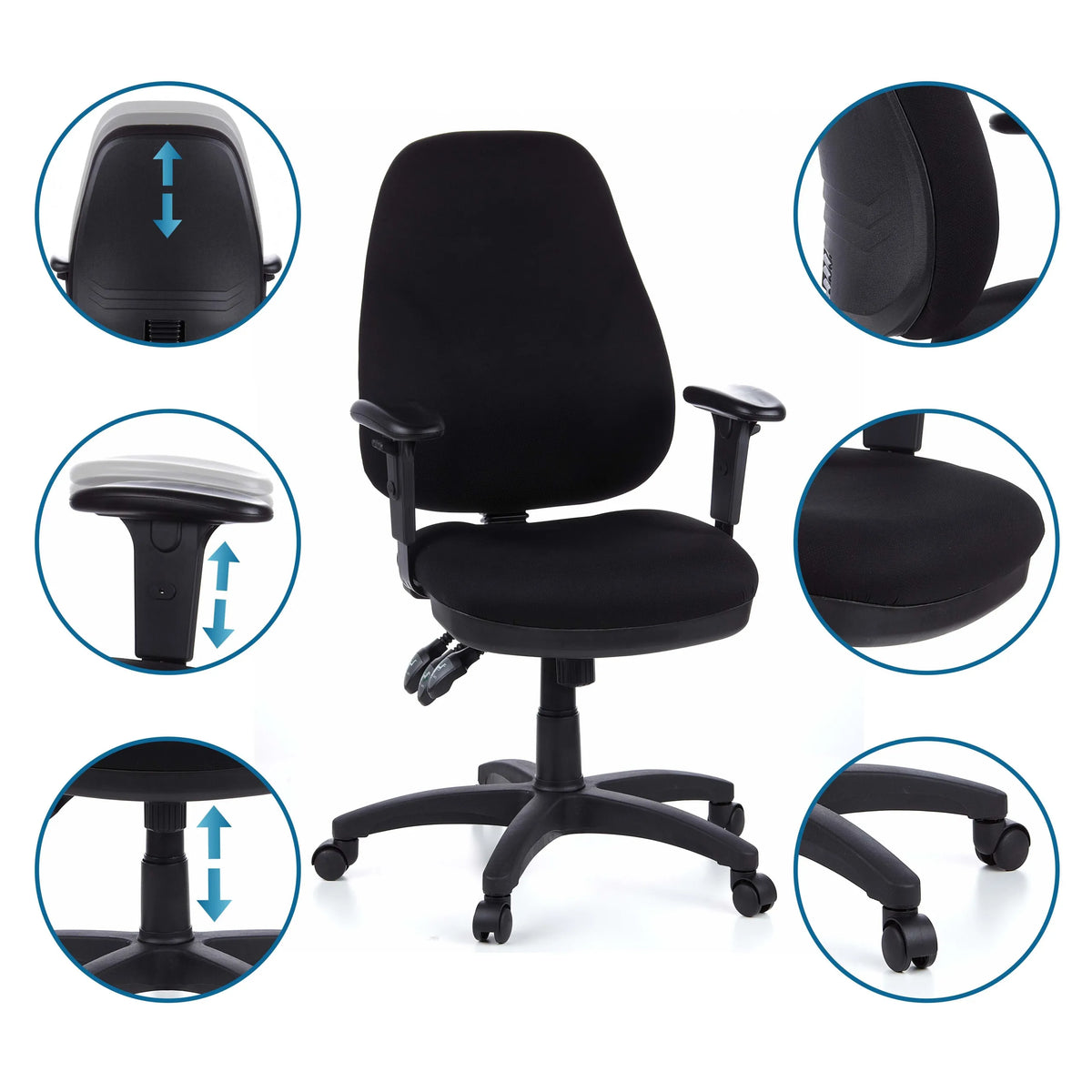 Professional Office Chair ZENIT PRO in black with various detailed views of the adjustment options by hjh OFFICE