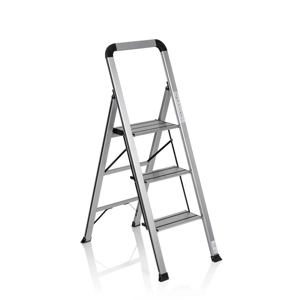 Silver aluminium Folding Ladder SOLID V with three steps and handle by hjh OFFICE – 360-degree view (front three-quarter view 40°)