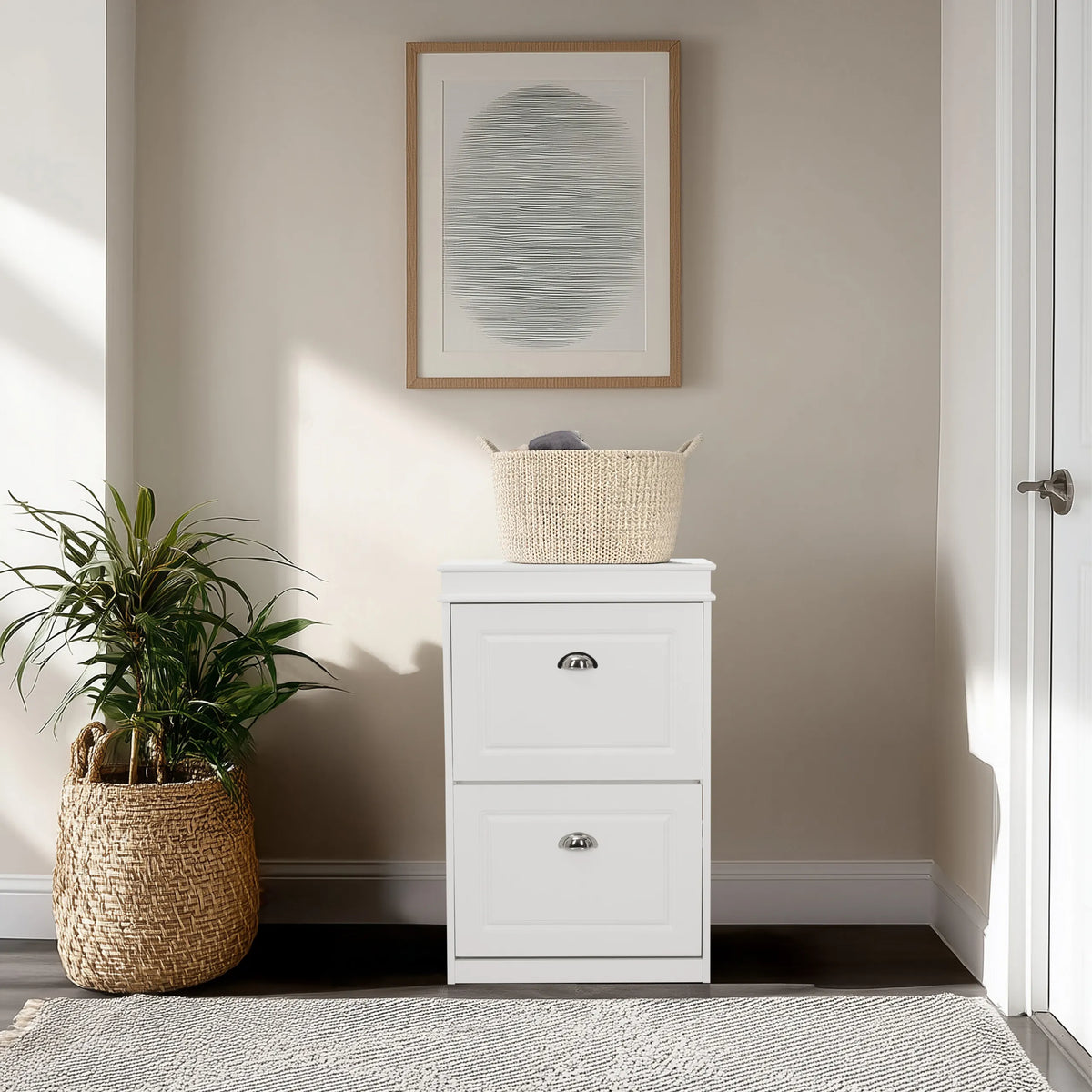 White Shoe Cabinet ESTHA 2 with two drawers and silver handles by hjh LIVING