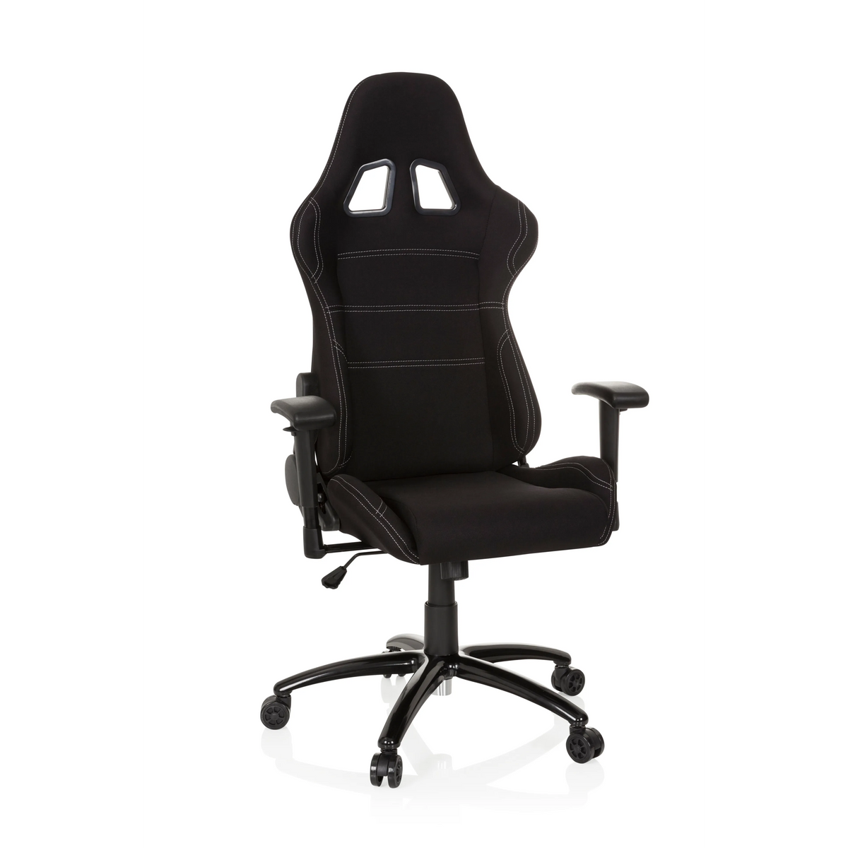 Schwarzer Gamingstuhl GAME FORCE mit Kopfstütze, Armlehnen und Fußkreuz mit fünf Rollen von hjh OFFICE – 360-Grad-Ansicht (Frontansicht 20°)