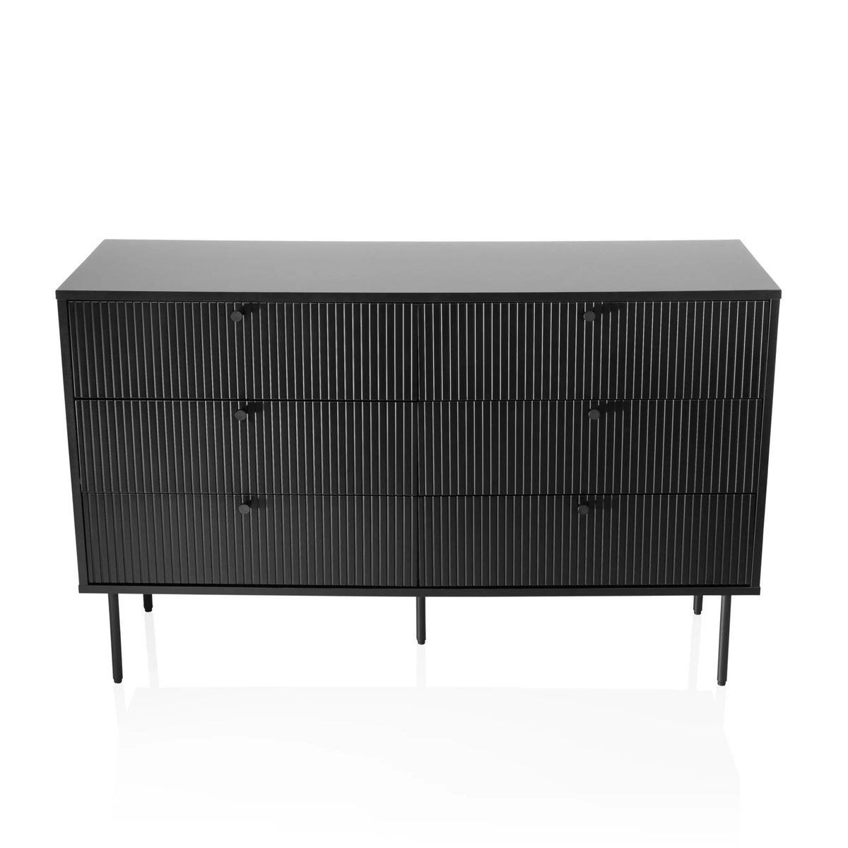 Black Sideboard KARBY S with vertically ribbed fronts and six knob handles by hjh LIVING – 360-degree view (front view 0°)