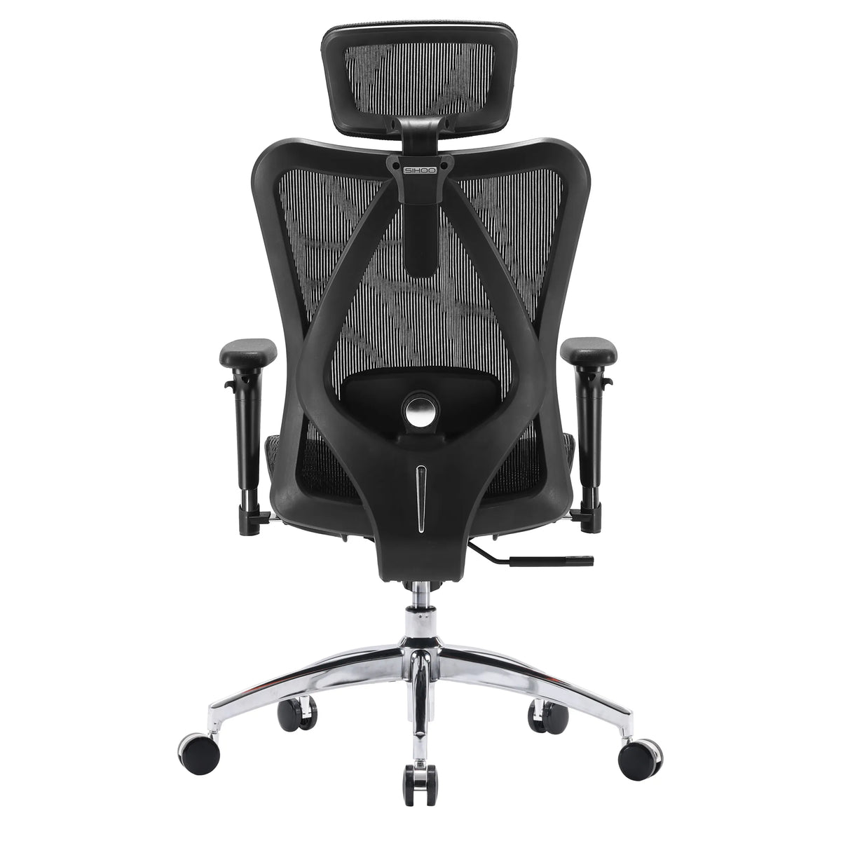 Back view of the M57-M015 Professional Office Chair in black with mesh backrest and chromed base by Sihoo
