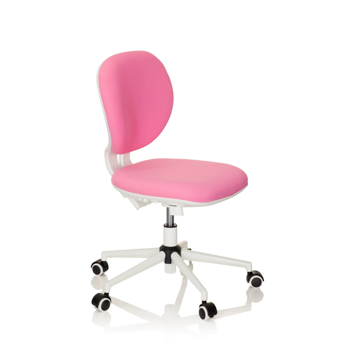 Pink Swivel Chair – Children KID VIVO with white base and five castors by hjh OFFICE – 360-degree view (front three-quarter view 60°)