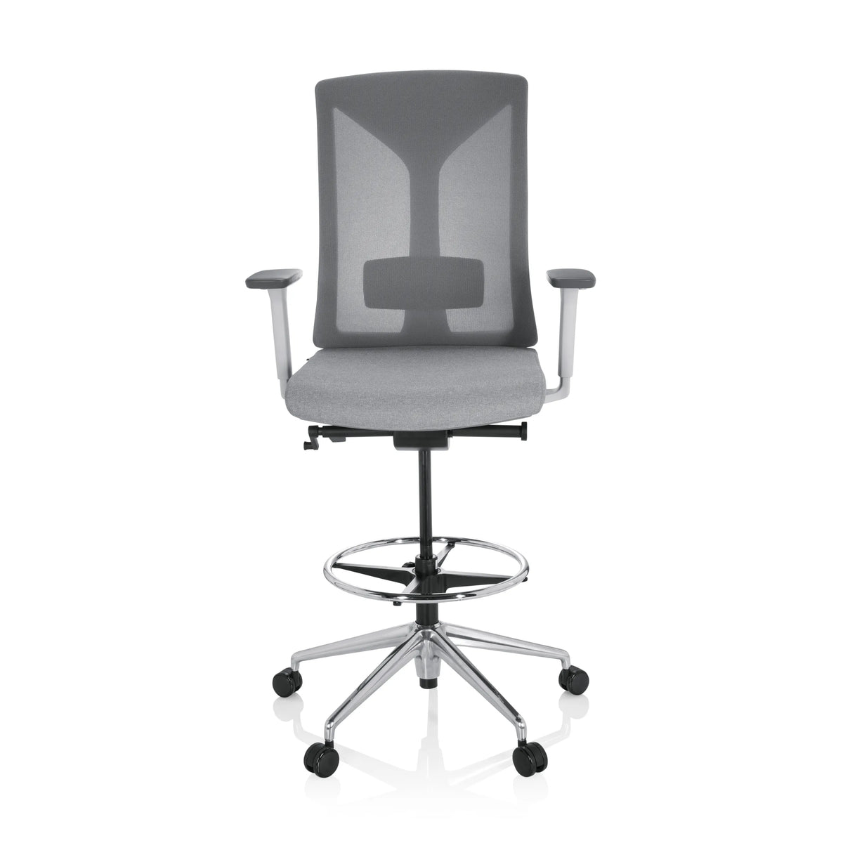 Grey Counter chair HALIFAX WORK with mesh back, foot ring and five-caster base by hjh OFFICE – 360-degree view (front view 0°)