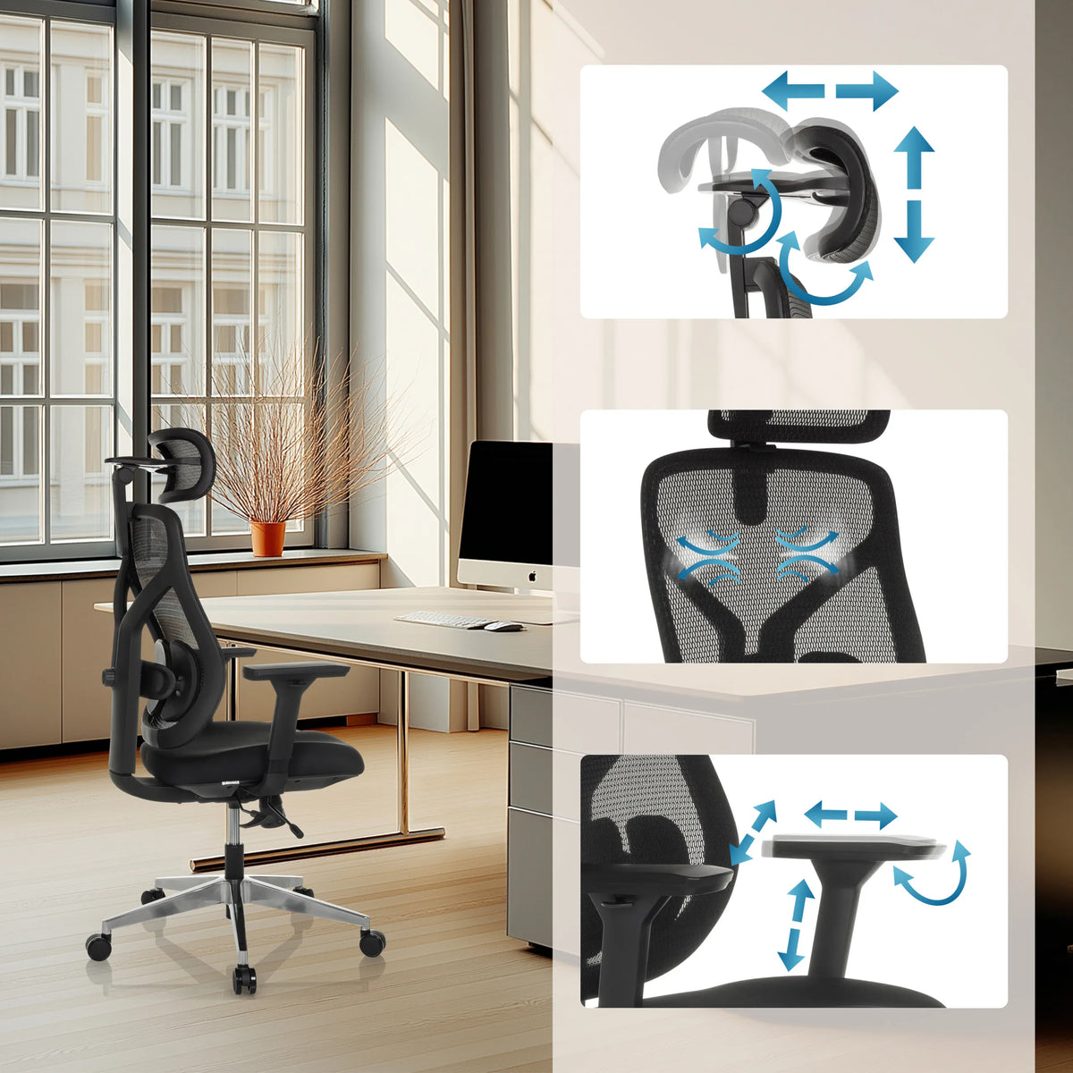 Verstellbare Armlehnen und Rückenlehne des High-End-Bürostuhls CASSILIS B von hjh OFFICE