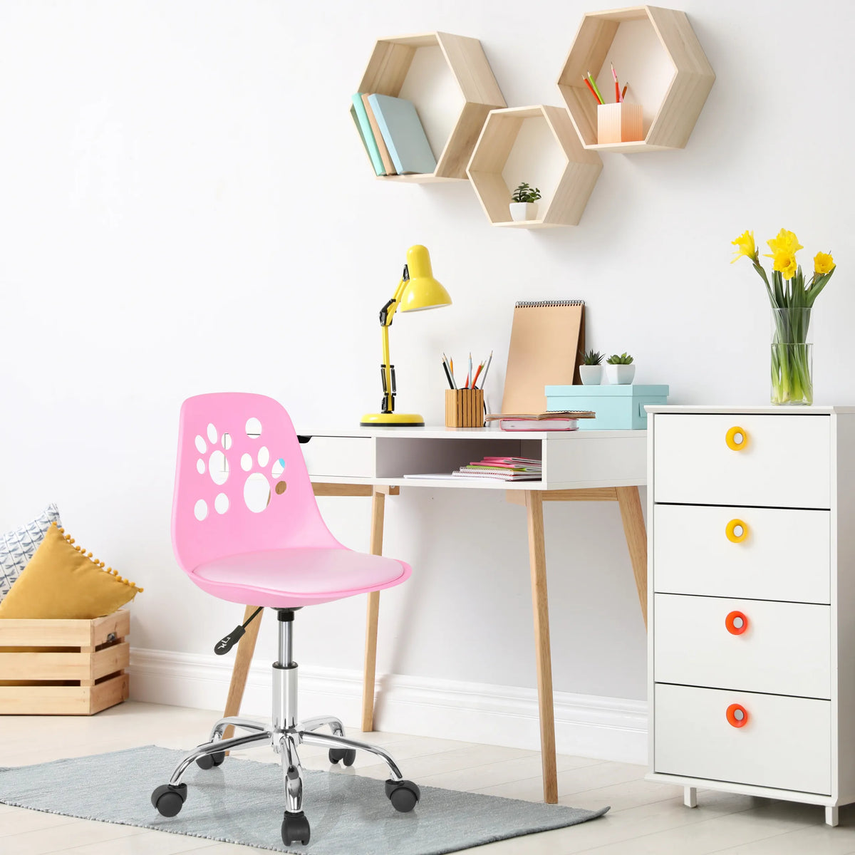 Children's swivel chair FANCY I in pink with perforated backrest and castors by hjh OFFICE