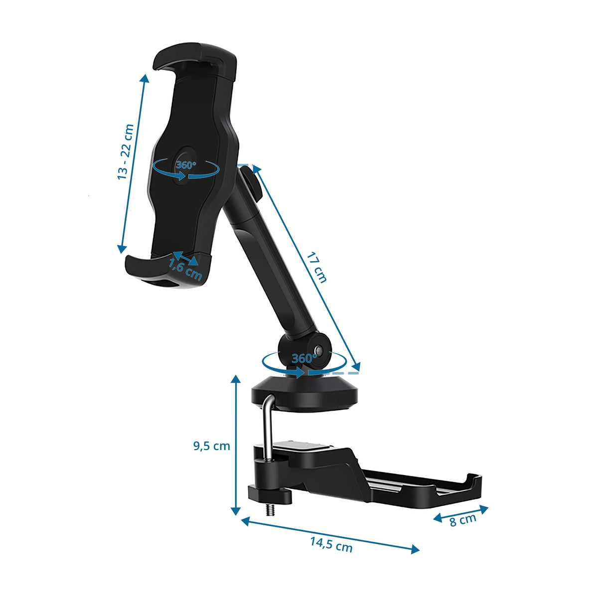 Dimensional drawing of the Mobile phone & tablet holder FLEXMOBI III with a height of 17 cm by hjh OFFICE