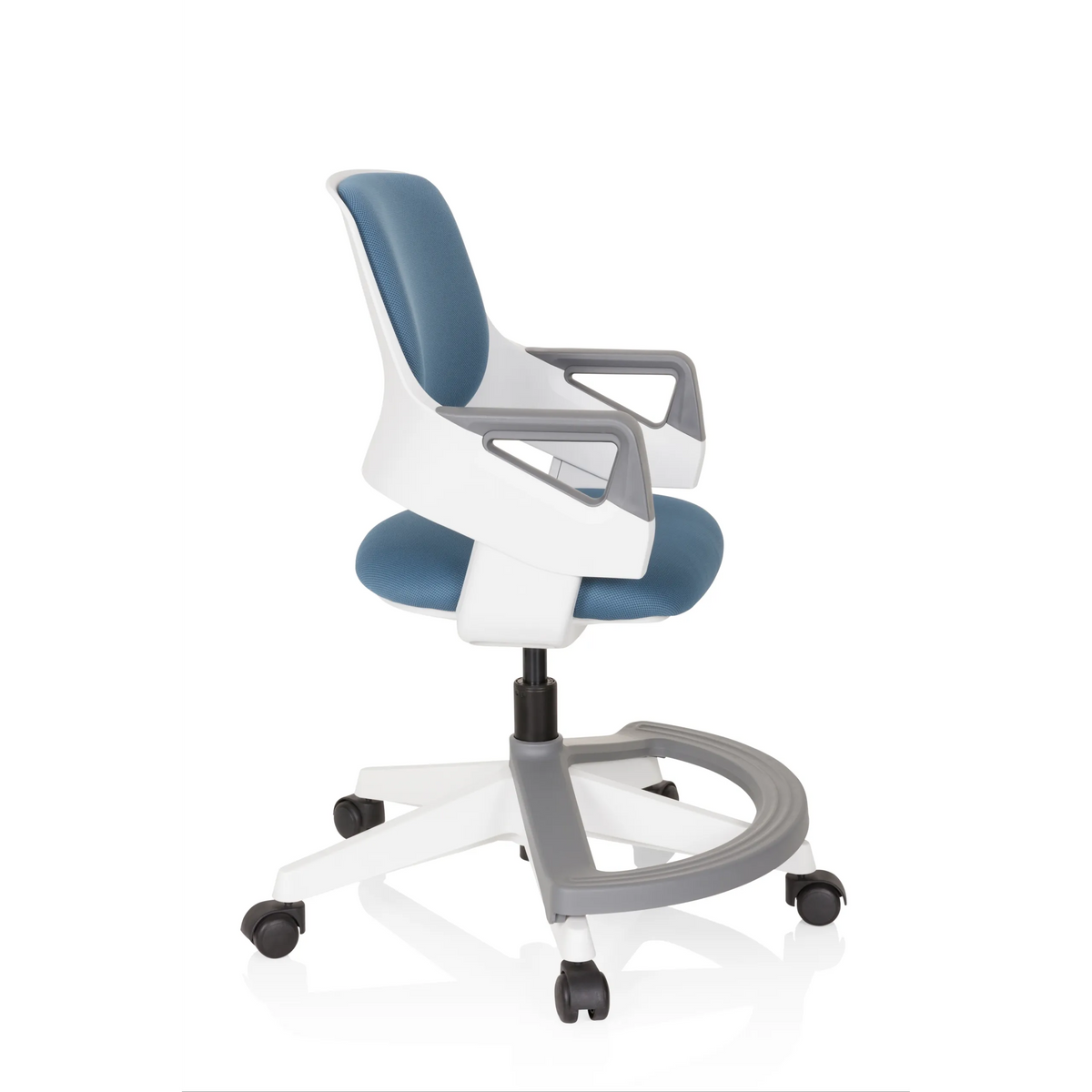Blue-grey Swivel Chair – Children KID FLEX with armrests and five-caster base by hjh OFFICE – 360-degree view (side profile 80°)