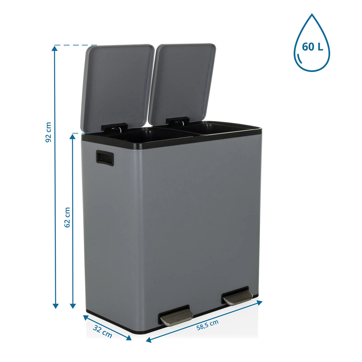 Maßansicht des Mülleimers Clean 13 mit 60 L Fassungsvermögen und 58,5 x 32 cm von hjh OFFICE
