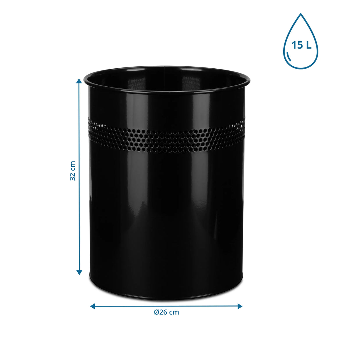 Dimensional view of the Wastepaper CLEAN III with 32 cm height, 26 cm diameter and 15 L volume by hjh OFFICE