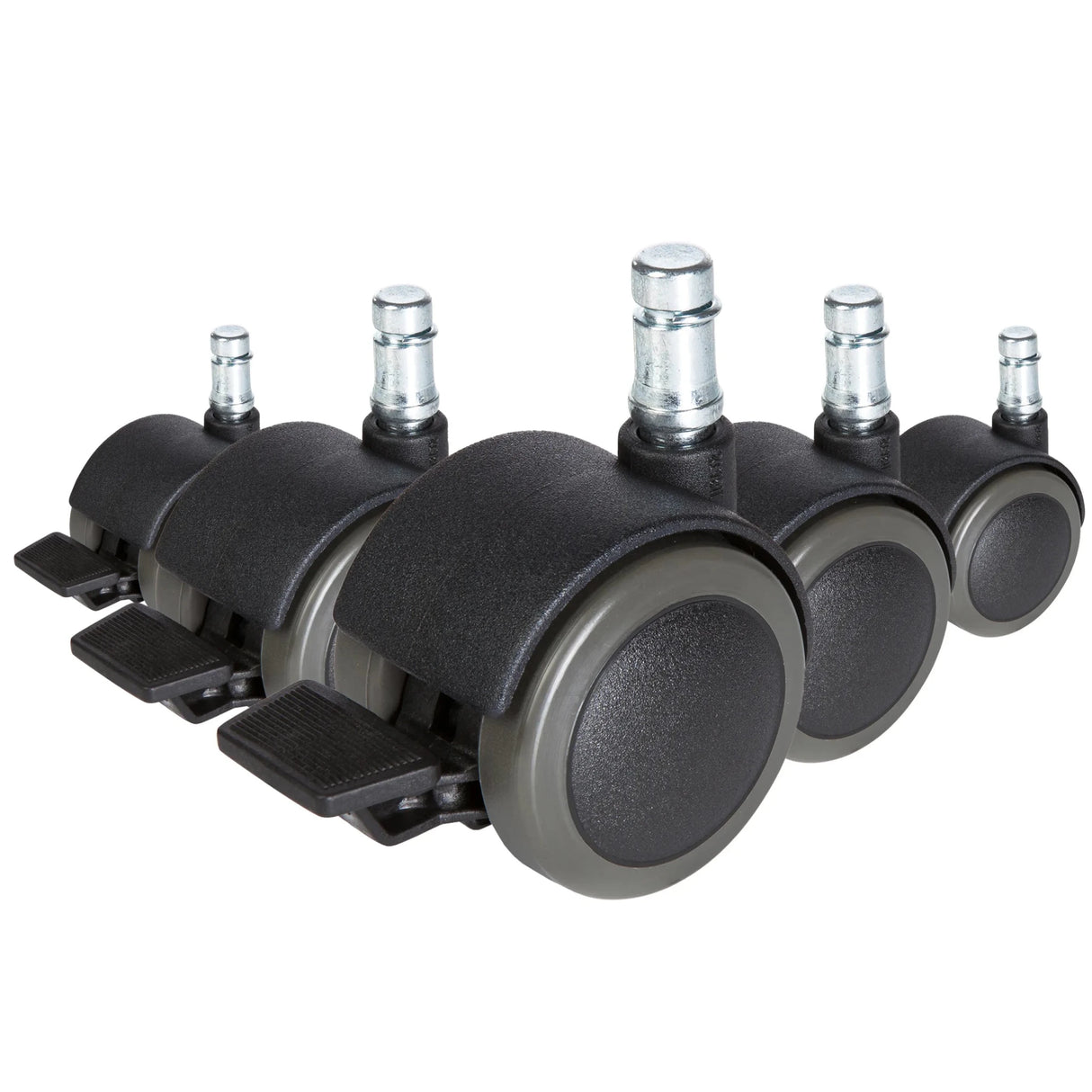 Five black Castors 5x ROLO STOP 10mm/50mm for hard floors with silver metal pins by hjh OFFICE