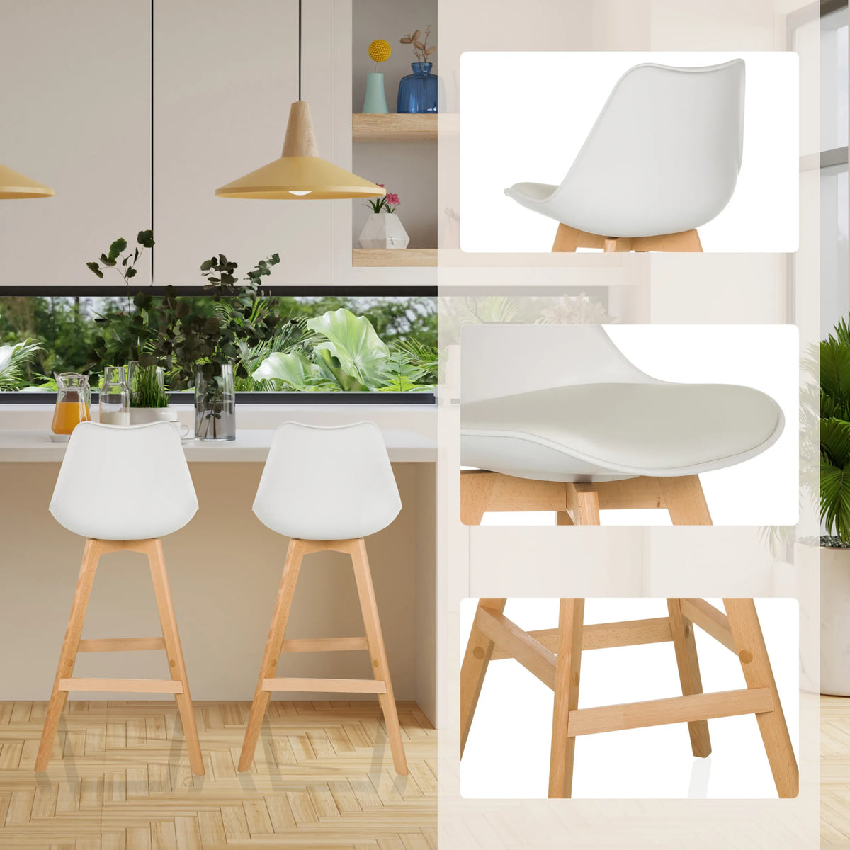Bar stool SCANDI HIGH in white with wooden frame and seat shell in various views by hjh LIVING