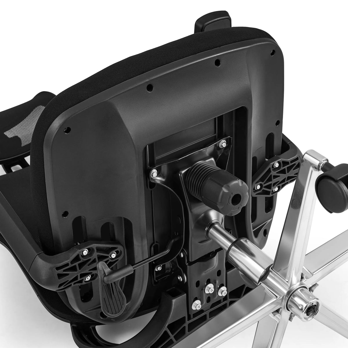 Underside of the seat with gas spring and adjustment lever of the Ergosento Professional Office Chair in black by hjh OFFICE